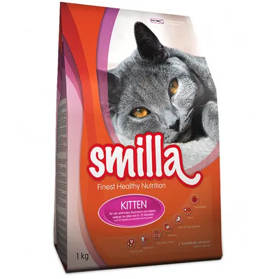 Smilla Finest Healthy Nutrition Kitten kattenvoer, 1 kg verpakking. Tekst: voor kittens van 0–12 maanden, met vitamine A & E, taurine, hoge verteerbaarheid, hoogwaardige eiwitten.