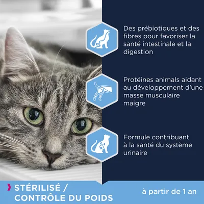 Stérilisé / Contrôle du poids à partir de 1 an. Prébiotiques et fibres pour la digestion, protéines animales pour la masse musculaire, formule pour la santé urinaire.
