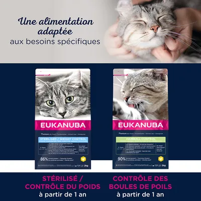 EUKANUBA croquettes pour chats stérilisés/contrôle du poids et contrôle des boules de poils, à partir de 1 an, paquets de 2 kg. Slogans : Une alimentation adaptée aux besoins spécifiques.