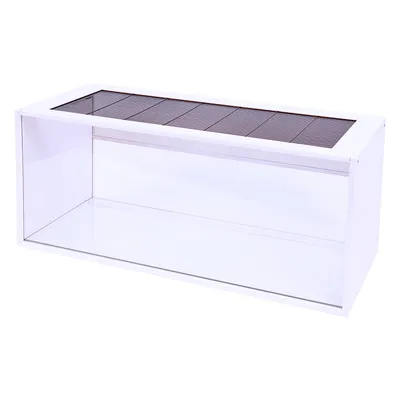 Terrario bianco con frontale in vetro e coperchio a griglia ventilato, forma rettangolare.