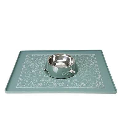Stainless steel food bowl with green holder and matching mat, decorated with Simon's Cat motifs.