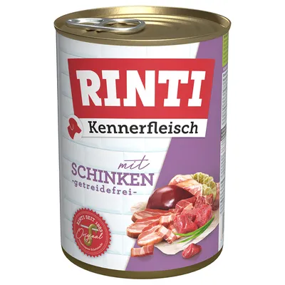 Rinti Kennerfleisch con prosciutto, senza cereali. Rinti dal 1983 Original. Immagine di pezzi di carne e fegato su sfondo viola.