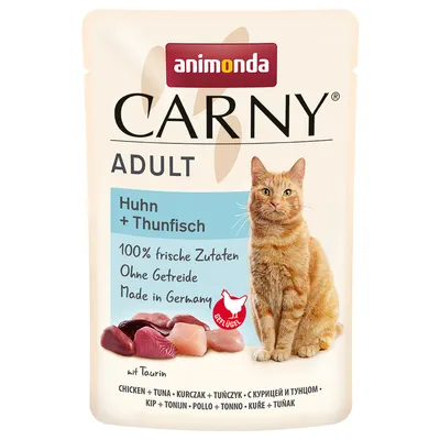 Animonda Carny Adult chicken + tuna. 100% fresh ingredients, grain-free, Made in Germany, with taurine. Image of meat pieces and a cat.
