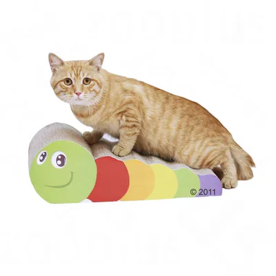 Chat roux sur un griffoir en carton en forme de chenille colorée, surface ondulée, copyright © 2011 visible sur le côté.