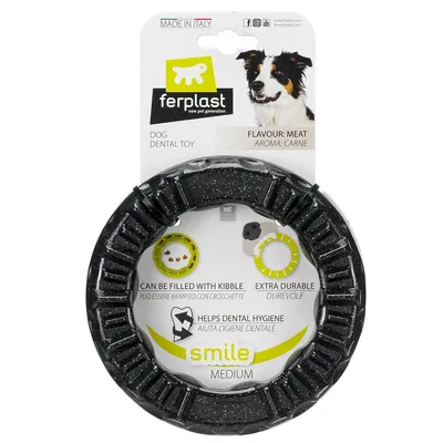 Jouet dentaire pour chien ferplast smile medium, arôme viande. Peut être rempli de croquettes, très durable, aide à l’hygiène dentaire. Fabriqué en Italie.