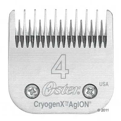 Oster CryogenX AgION clipper blade, size 4, visible text includes 'USA' and ©2011. Metal construction with two screws at the base.