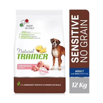 Natural Trainer Hundefutter, Made in Italy, ohne Farbstoffe, Konservierungsstoffe und Zuckerzusatz. Sensitive No Grain, Monoprotein mit Schwein und Kartoffeln, für Erwachsene Hunde, 12 kg.