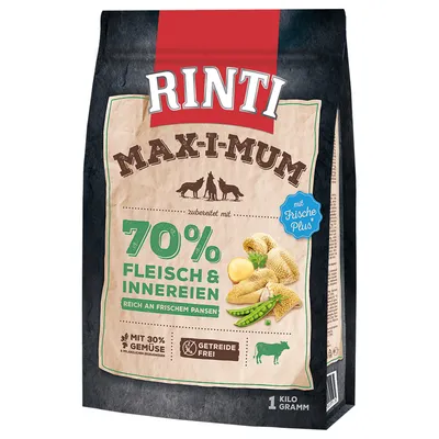 Rinti Max-i-mum hundefoder, 70% kød og indmad, rig på frisk kallun, med 30% grøntsager, kornfri, 1 kilogram pakke.