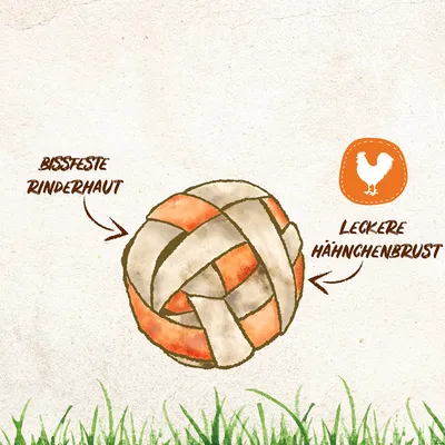 Kauspielzeug aus bissfester Rinderhaut und leckerer Hähnchenbrust, illustriert mit Textbeschriftungen und einem Symbol für Hähnchen.