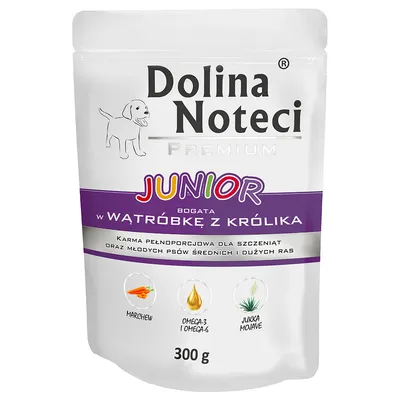 Dolina Noteci Premium Junior, с кроличьей печенью, с морковью, омега-3 и омега-6, юкка Mojave, 300 г. Полнорационный корм для щенков и молодых собак средних и крупных пород.