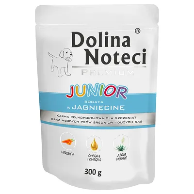 Dolina Noteci Premium Junior, полноценный корм с ягненком для щенков и молодых собак средних и крупных пород. Состав: морковь, Омега-3 и Омега-6, юкка Мохаве. 300 г.