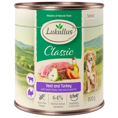 Lukullus Classic Senior, Veal and Turkey mit Süsskartoffel, Birne und Leinöl. Getreidefrei, 64% tierische Zutaten, Gemüse, Früchte & Öle. 800g Dose.