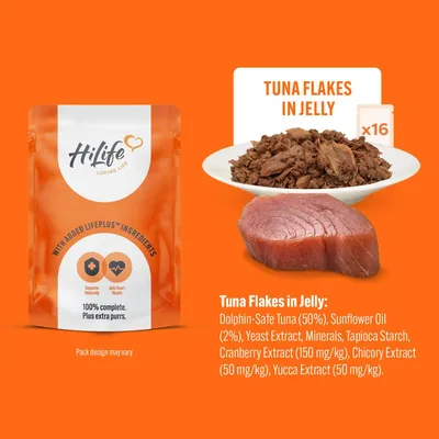 Tuna flakes in jelly with visible ingredients: dolphin-safe tuna 50%, sunflower oil 2%, yeast extract, minerals, tapioca starch, cranberry, chicory and yucca extracts. Pack of 16.