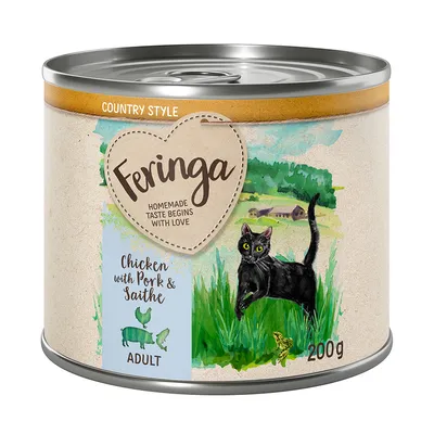 Feringa Country Style vådfoder til katte, variant Chicken with Pork & Saithe, 200g dåse, til voksne katte.