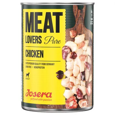Josera Meat Lovers Pure Chicken, superprémiová kvalita z Německa, bez obilovin, monoprotein, Adult. Konzerva s kousky masa vyobrazena.