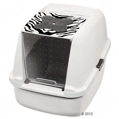 Covered white plastic litter box with black and white zebra pattern on top, transparent front flap door, and textured mat area on the lid. Handle visible on the side.