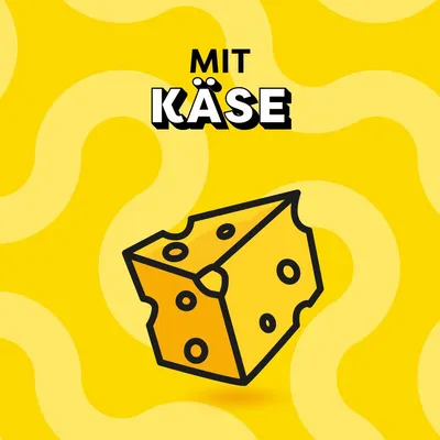 Mit Käse. Illustration eines gelben Käsestücks mit Löchern auf gelbem Hintergrund.