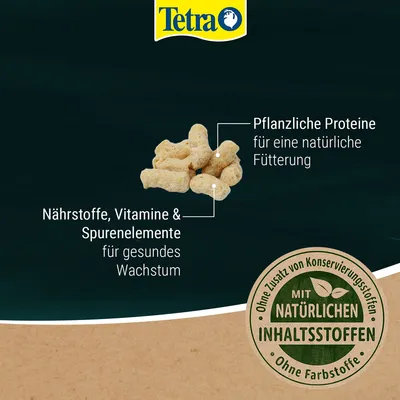 Tetra. Pflanzliche Proteine für natürliche Fütterung, Nährstoffe, Vitamine & Spurenelemente für gesundes Wachstum. Mit natürlichen Inhaltsstoffen, ohne Konservierungsstoffe und Farbstoffe.