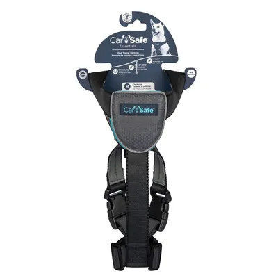 CarSafe Essentials szelki dla psa do bezpiecznej podróży, rozmiar M, obwód klatki piersiowej 45-65 cm. Czarny design z regulowanymi paskami i wyściółką.
