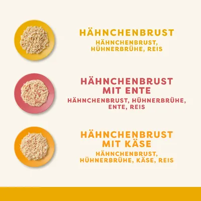 Drei Varianten: Hähnchenbrust mit Hühnerbrühe und Reis, Hähnchenbrust mit Ente, Hühnerbrühe und Reis, Hähnchenbrust mit Käse, Hühnerbrühe und Reis.