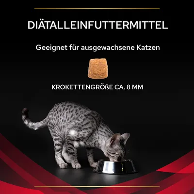 Texte en allemand : DIÄTALLEINFUTTERMITTEL, Geeignet für ausgewachsene Katzen, KROKETTENGRÖSSE CA. 8 MM ; croquette illustrée et chat gris tigré mangeant dans une gamelle.