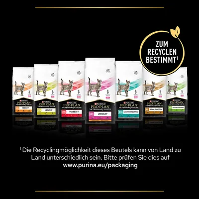 Gamme de croquettes pour chats PURINA PRO PLAN VETERINARY DIETS : OBESITY, HEPATIC, DIABETES, URINARY, GASTROINTESTINAL, RENAL FUNCTION, HYPOALLERGENIC. Texte allemand : ZUM RECYCLEN BESTIMMT.