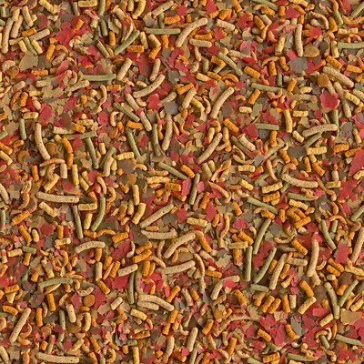 Mélange de nourriture pour poissons composé de flocons rouges, verts et bruns et de granulés allongés jaunes et verts. Aucun emballage ou marque visible.