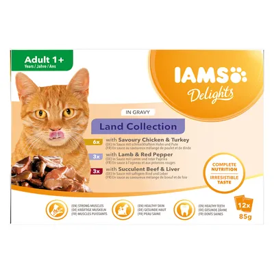 IAMS Delights Land Collection pour chat adulte 1+, 12x85g : 6x poulet et dinde, 3x agneau et poivrons rouges, 3x bœuf et foie. Muscles puissants, peau saine, dents saines.