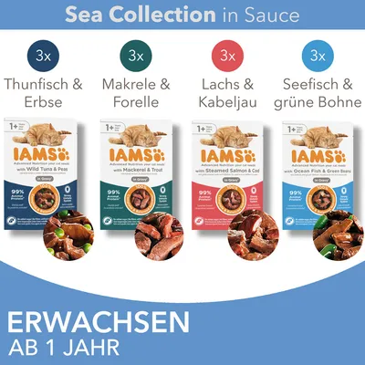 IAMS Sea Collection en sauce pour chats adultes, 4 variétés : thon & pois, maquereau & truite, saumon & cabillaud, poisson de mer & haricot vert, 3 sachets de chaque. Texte en allemand visible.
