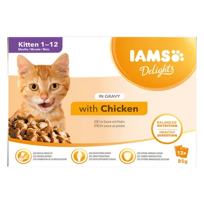 IAMS Delights Kitten 1-12 kuukautta, kastikkeessa kanan kanssa. Tasapainoinen ravinto, terve ruoansulatus. 12x85g. Lihasten ja luiden kehitys, vahva immuunijärjestelmä.