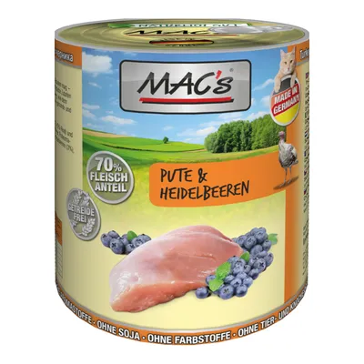 MAC's Pute & Heidelbeeren, 70% Fleischanteil, Getreidefrei, Made in Germany. Conservă cu carne de curcan și afine, fără cereale, fără soia, fără coloranți, pentru pisici.