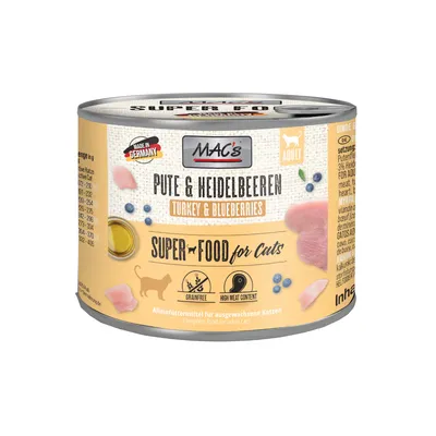 MAC's kalkkuna & mustikka, superruoka kissoille, valmistettu Saksassa, viljaton, korkea lihapitoisuus. Täysravinto aikuisille kissoille.