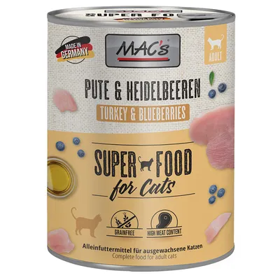 MAC's Pute & Heidelbeeren Turkey & Blueberries Super Food for Cats, spannmålsfritt, hög kötthalt, Made in Germany. Komplettfoder för vuxna katter. Text på tyska och engelska.