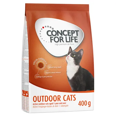 Concept for Life Outdoor Cats 400 g, alimentation pour chats actifs dès 1 an. Texte visible : optimal energy supply, supports natural defences, cartilage & joint protection.