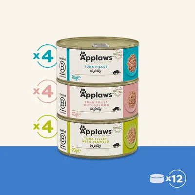 Applaws hrana za mačke u želeu, vrste: file tune, tuna s lososom, tuna s algama. Pakiranje sadrži 12 limenki po 70g, svake vrste 4 limenke. Certificirano B Corporation.