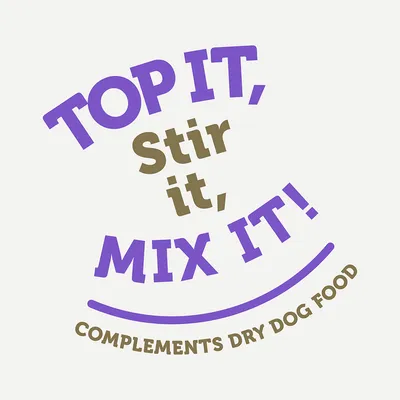 Immagine con testo: Top it, Stir it, Mix it! Alimento secco complementare per cani.