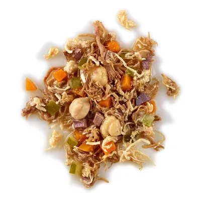 Mélange de nourriture humide pour animaux avec morceaux visibles de viande effilochée, carottes, pois chiches, cubes verts et bruns sur fond blanc. Aucun emballage ou marque visible.