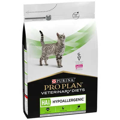 Sac de croquettes PURINA PRO PLAN VETERINARY DIETS HA St/Ox Hypoallergenic pour chat, mentions : hydrolysed, purified carb, great taste, adapté chaton et adulte, certification isfm visible.