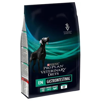 Пакет PURINA PRO PLAN VETERINARY DIETS EN GASTROINTESTINAL, изображение на черно куче, видими пиктограми и текст: 20 хранения, Veterinary Clinical Nutrition.