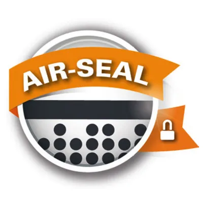 Air-Seal Symbol mit orangefarbenem Banner, schwarzer Punktgrafik und Schloss-Icon. Hinweis auf luftdichte Verpackung.