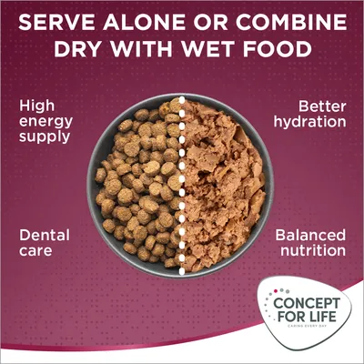 Testo in inglese: Serve alone or combine dry with wet food. High energy supply, dental care, better hydration, balanced nutrition. Concept for Life.