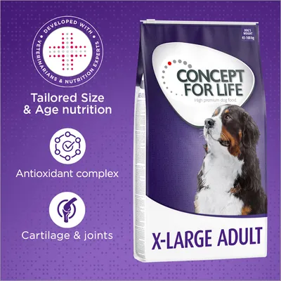 CONCEPT FOR LIFE X-LARGE ADULT, alimento per cani adulti taglia molto grande 45–100 kg. Testo visibile: Tailored Size & Age nutrition, Antioxidant complex, Cartilage & joints.