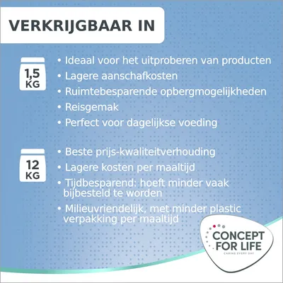Verkrijgbaar in 1,5 kg: ideaal om te proberen, lagere aanschafkosten, ruimtebesparend, reisgemak, dagelijks gebruik. 12 kg: beste prijs-kwaliteit, lagere kosten, tijdbesparend, milieuvriendelijk. Concept for Life.