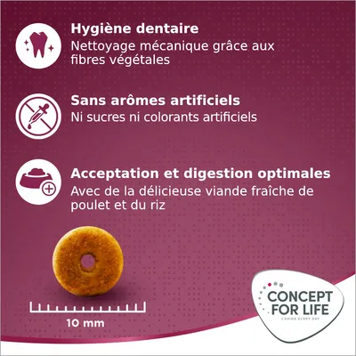 Hygiène dentaire, sans arômes artificiels, acceptation et digestion optimales. Viande fraîche de poulet et riz. Croquette 10 mm. Concept for Life.