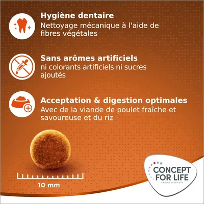 Hygiène dentaire, sans arômes artificiels, acceptation et digestion optimales. Croquette 10 mm. Concept for Life. Avec viande de poulet fraîche, riz, sans colorants ni sucres ajoutés.
