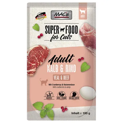 MAC's Superfood for Cats Adult borjú és marha, áfonyával és macskamentával, gabonamentes, gyógynövényekkel és vitaminokkal, magas hústartalom. Tartalom: 100g. Made in Germany.
