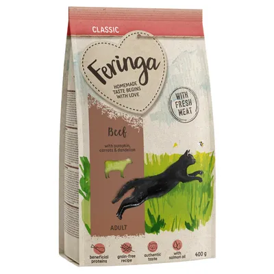 Feringa Classic Beef, croquettes pour chat adulte, 400 g. Texte visible : Homemade taste begins with love, with fresh meat, beef with pumpkin, carrots & dandelion, grain-free recipe.