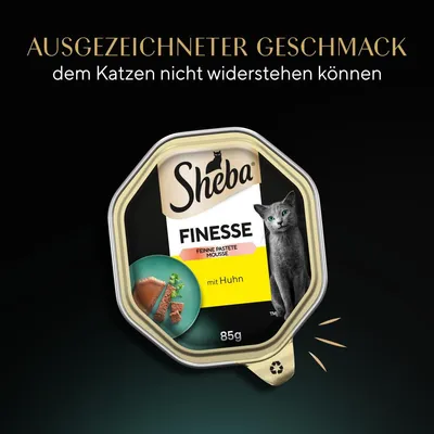 Sheba Finesse Feine Pastete Mousse mit Huhn, 85g. Ausgezeichneter Geschmack, dem Katzen nicht widerstehen können.