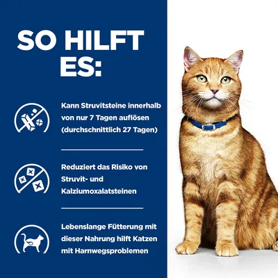 So hilft es: Kann Struvitsteine in 7 Tagen auflösen, reduziert Risiko von Struvit- und Kalziumoxalatsteinen, lebenslange Fütterung hilft Katzen mit Harnwegsproblemen.