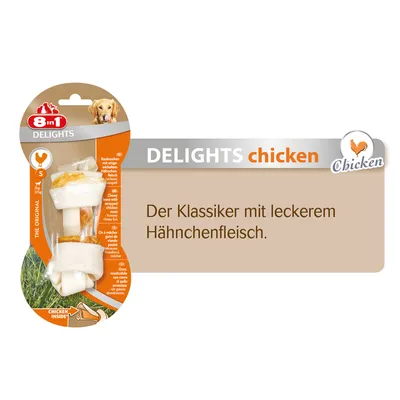 Chewy bone with real chicken meat. Classic treat with delicious chicken flavour. Chicken inside. Text in German: Der Klassiker mit leckerem Hähnchenfleisch.